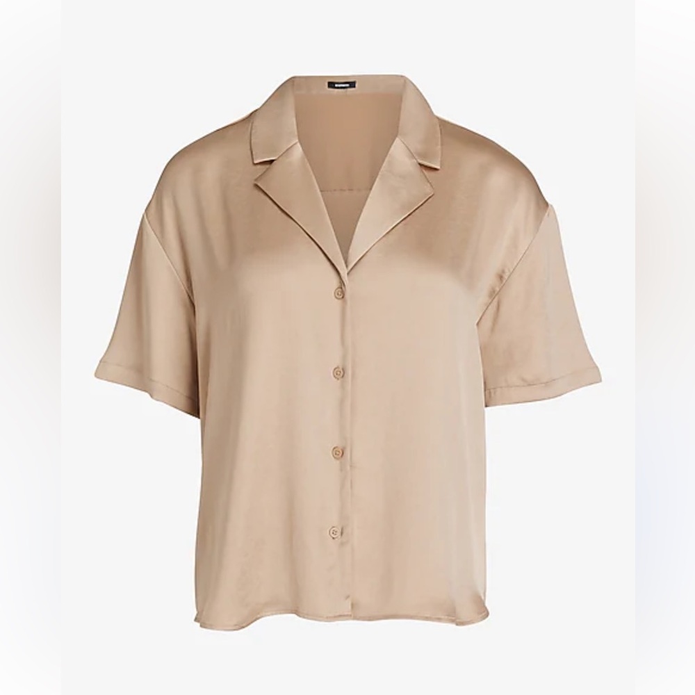 Express Satin Short Sleeve Button-Down Top in Beige